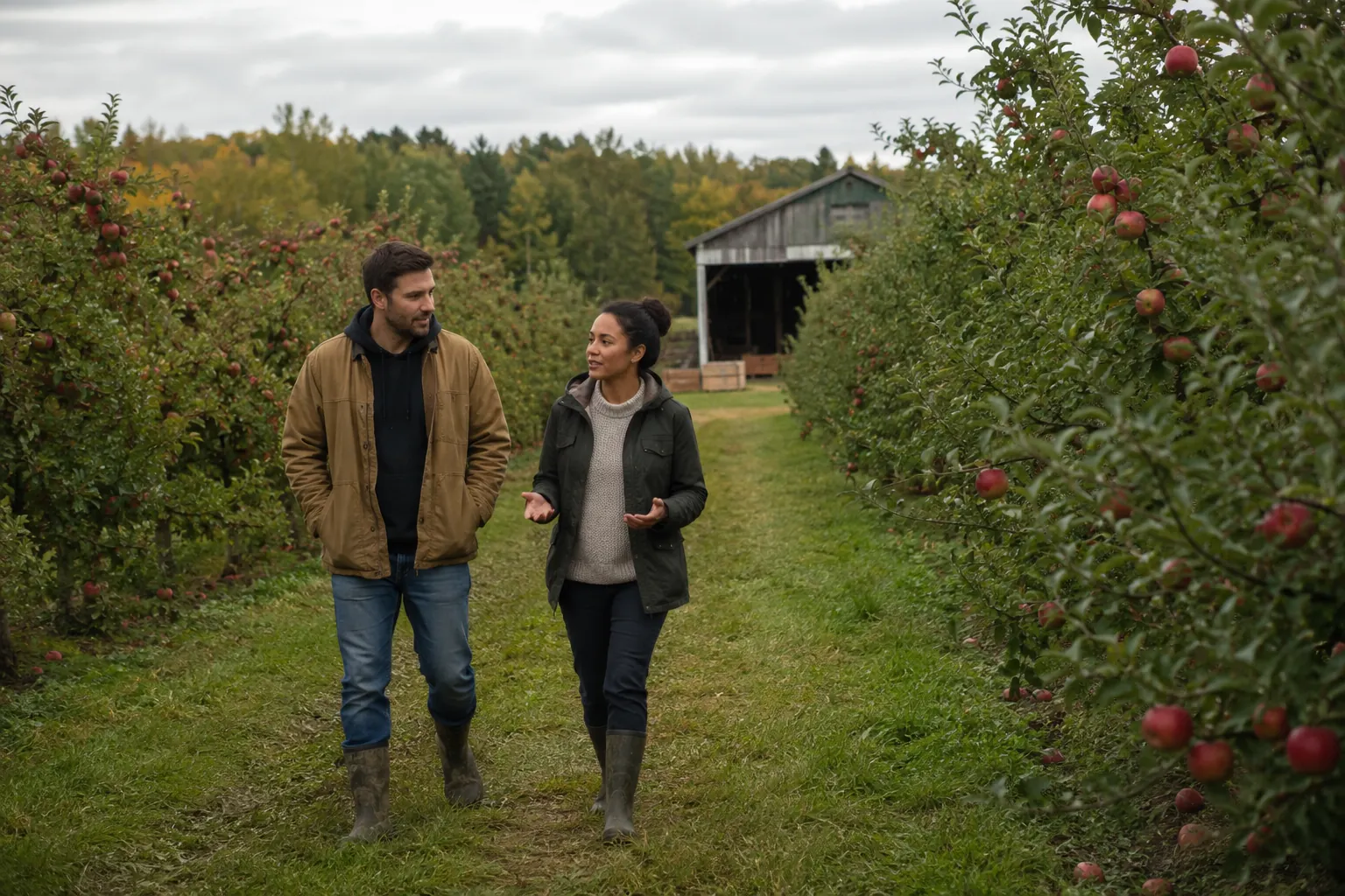 Couple walking and talking between rows of apple trees on a family orchard