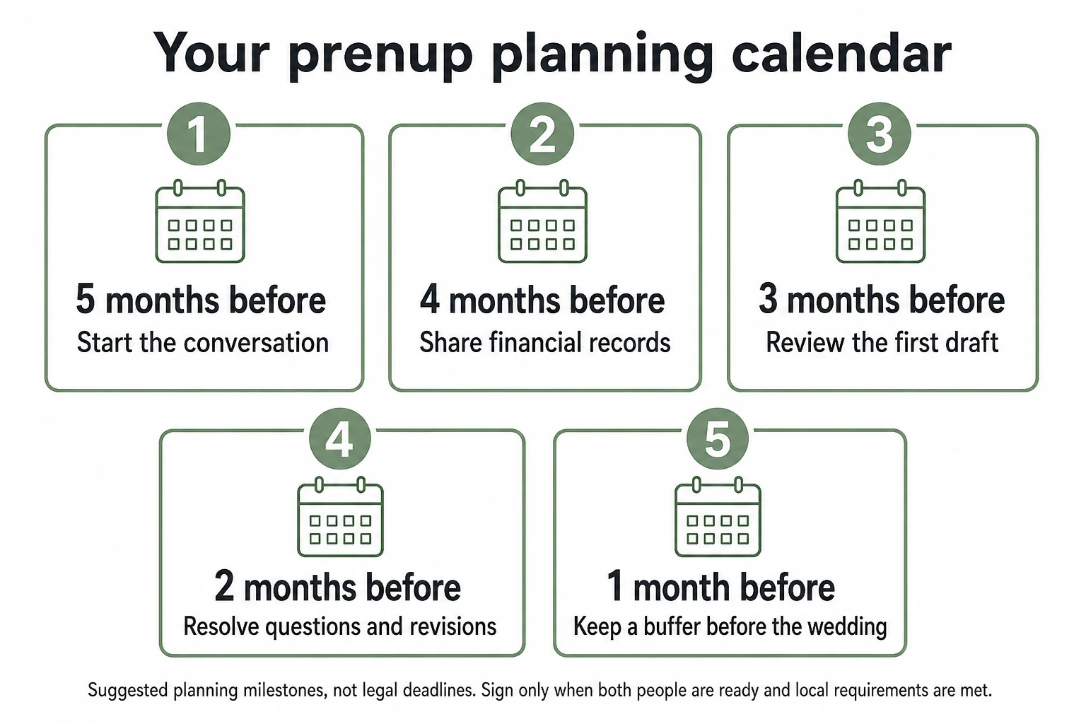 Five suggested prenup milestones, from starting conversations five months out to keeping a wedding buffer