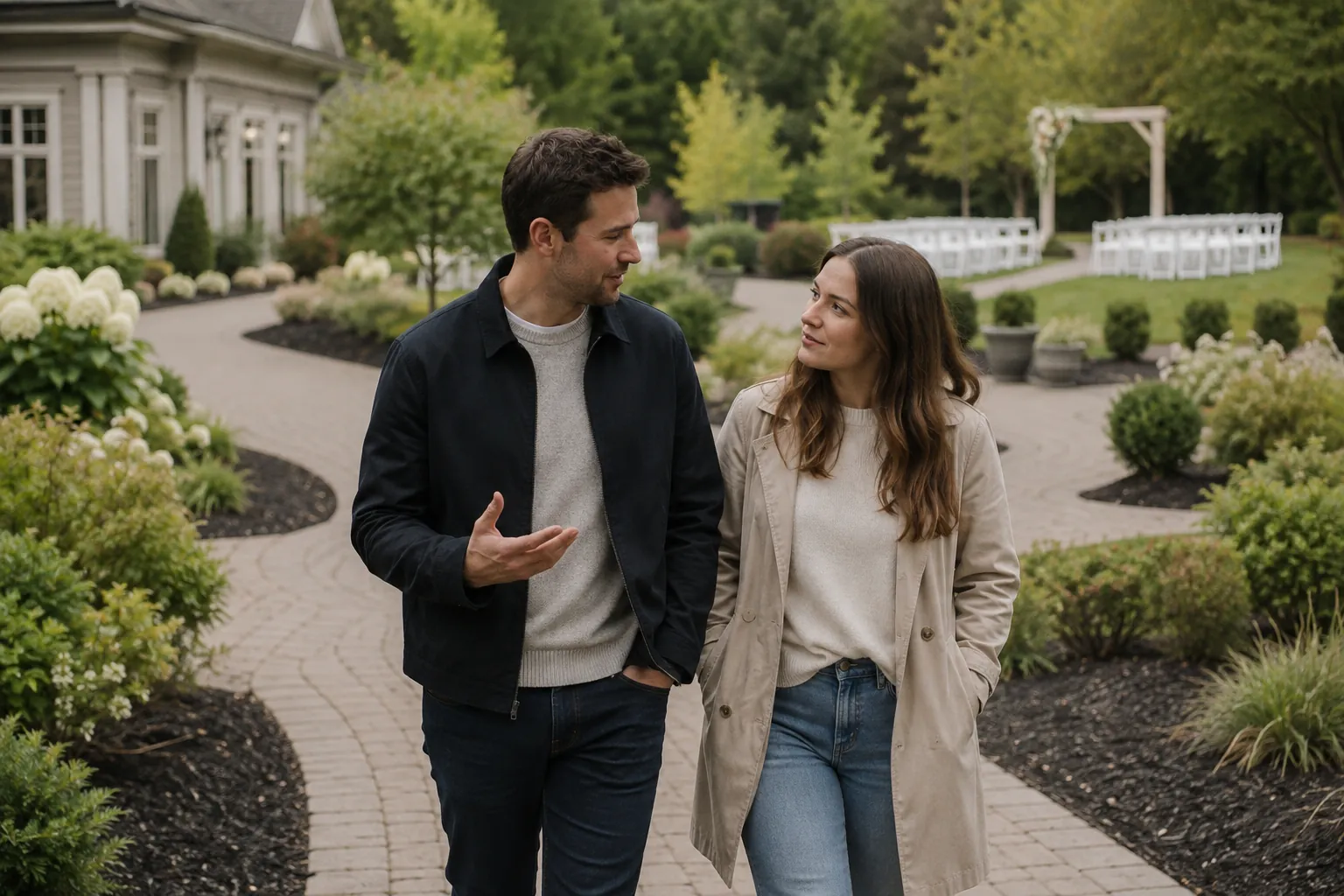 Engaged couple talking as they walk through a garden wedding venue with an empty ceremony area behind them